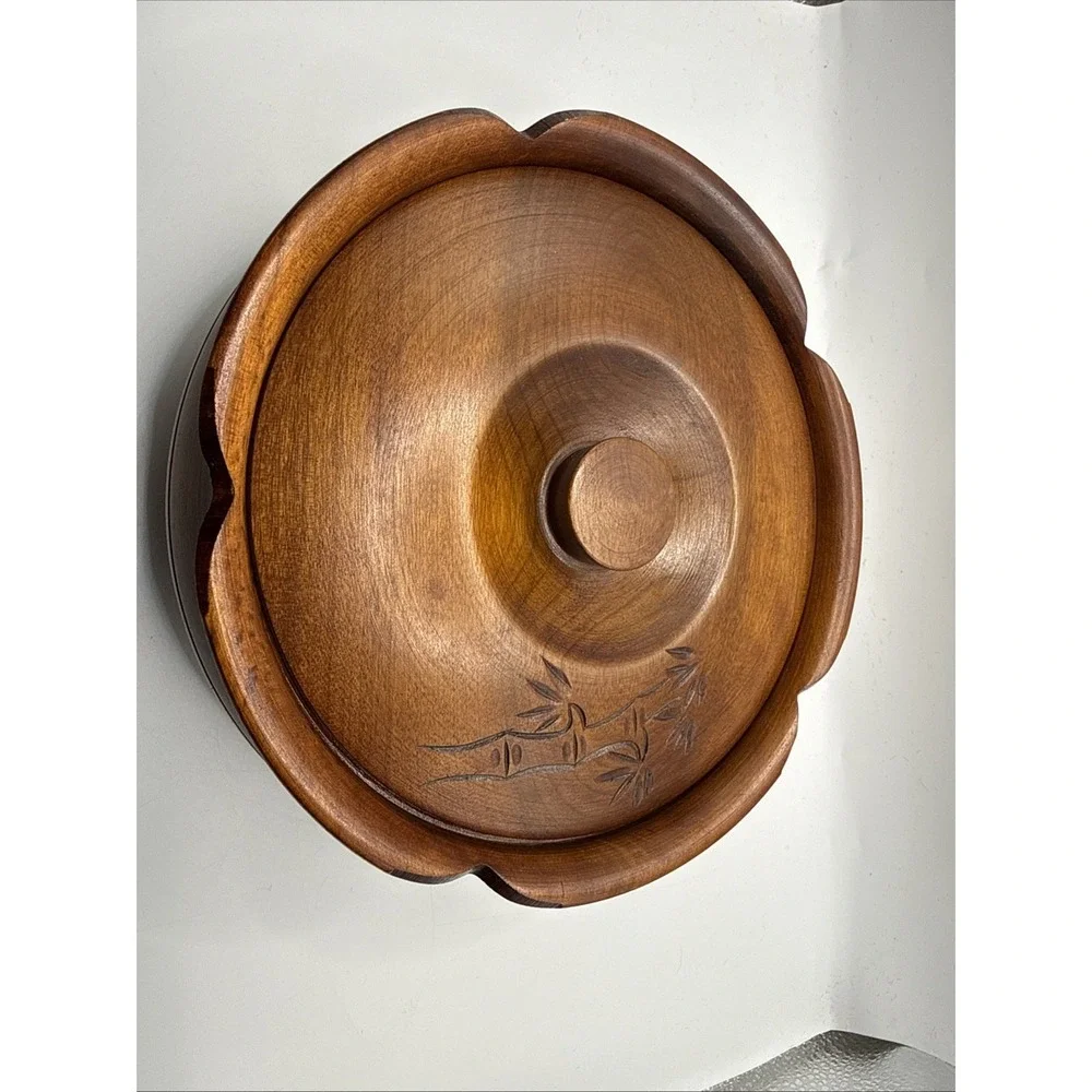 Vintage Hand Carved Wooden Bowl Bamboo Carving With Lid Lacquered Interior 7